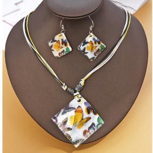 Butterfly Geometric Charm Necklace & Drop Earrings Set